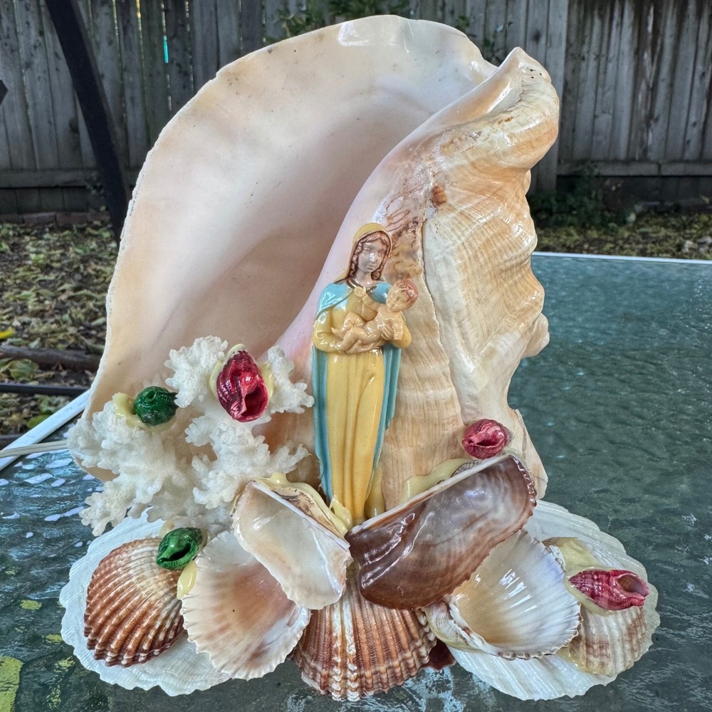 Vintage Seashell Lamp Madonna and Child Religious Coastal Folk Art Conch Shell